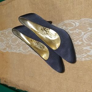 Salvatore Ferragamo Satin Stiletto Heels Women's Sz 4.5B, Navy Blue